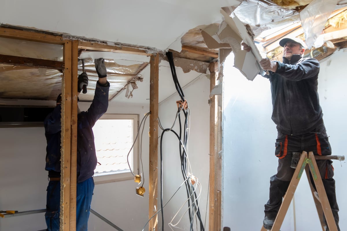 Preparation for renovation in the apartment, home renovation workers crew builders apartment improvement or restoration works