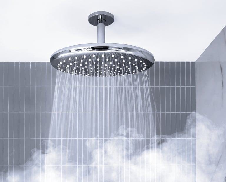 Ceiling-mounted rainfall showerhead with chrome trim, modern product style.