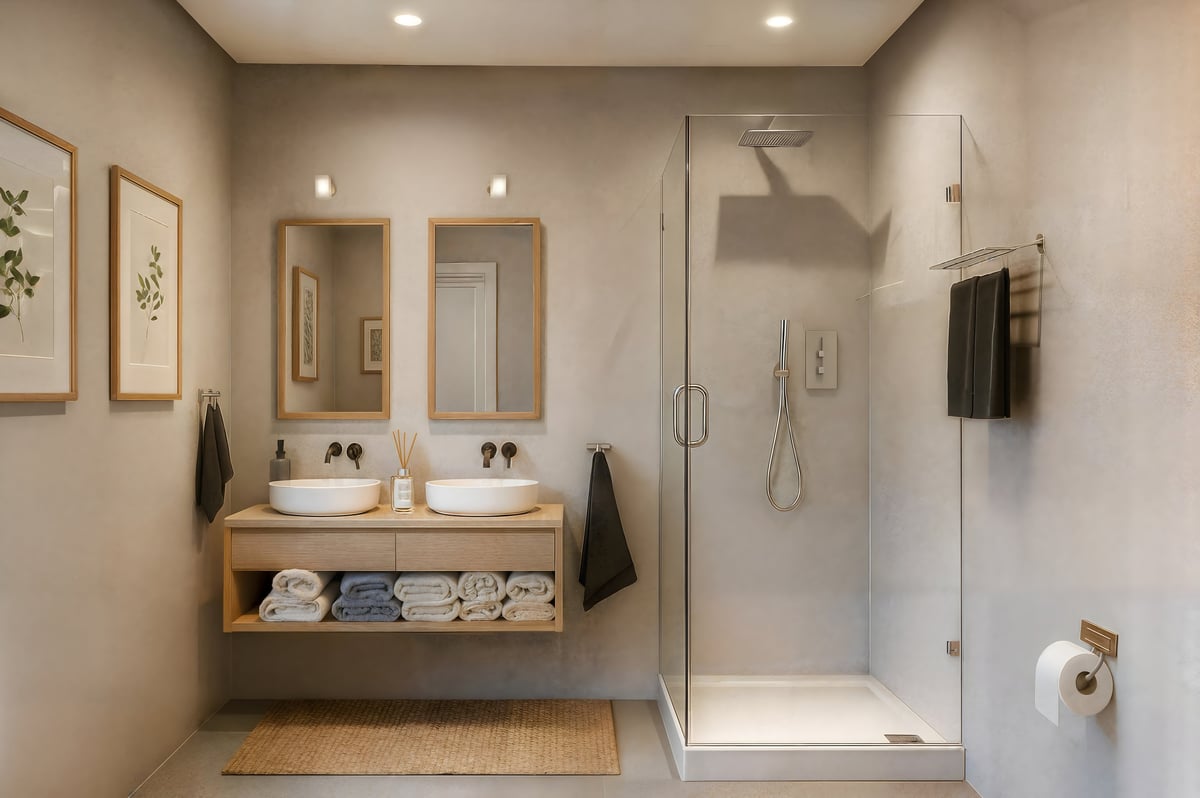 Finished basement bathroom with glass shower and double vanity in a new construction Monclova home