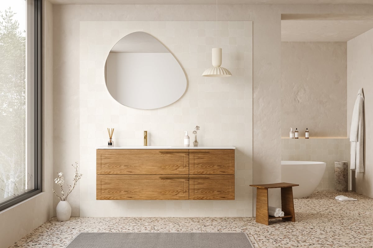 Modern bathroom design with wooden vanity, terrazzo floor and a freestanding bathtub