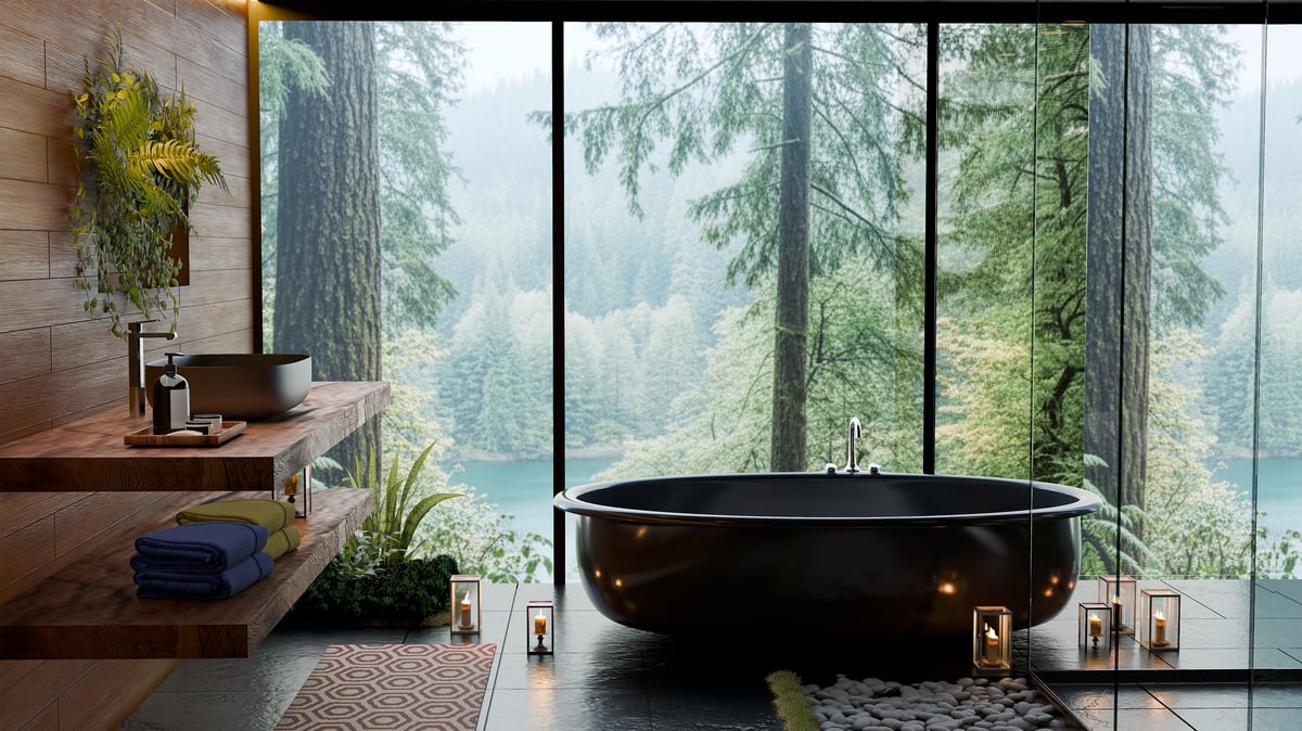 Luxury spa bathroom interior with black freestanding bathtub, wood details and a panoramic forest view