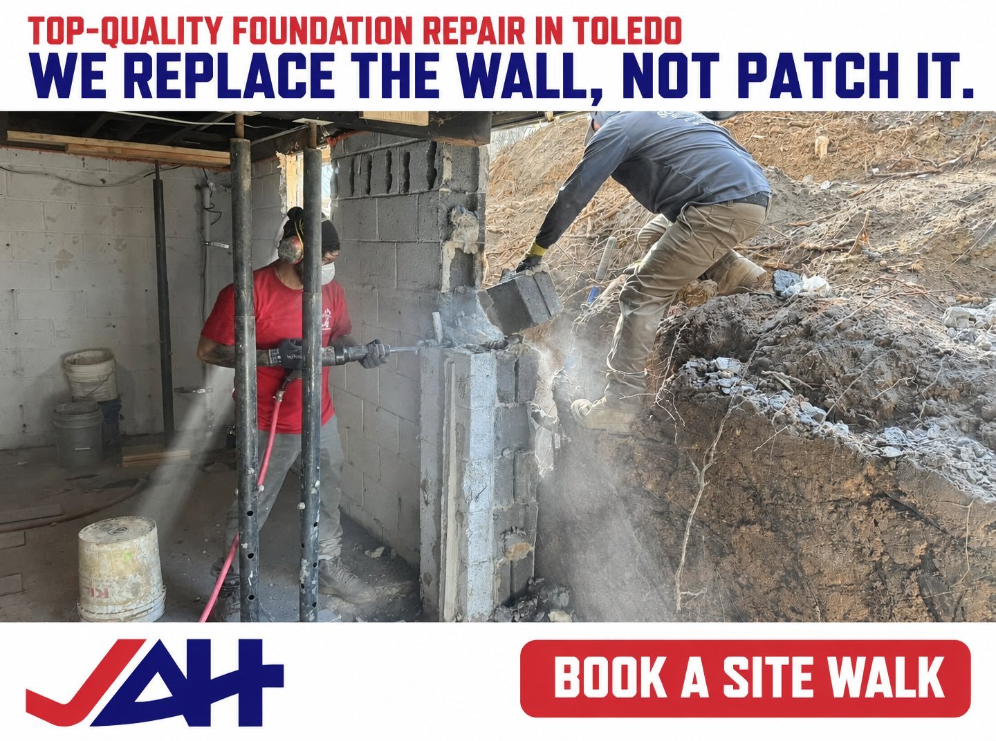 Worker replacing cracked foundation wall with new concrete block during Toledo foundation repair service