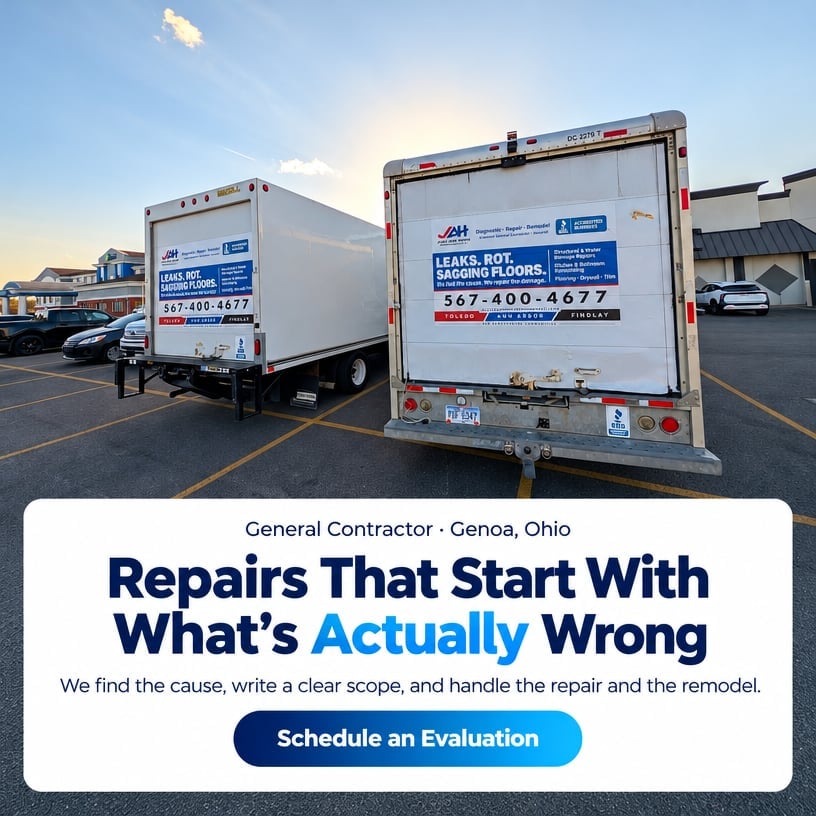 Two white service trucks parked in a lot with promotional text about repair services for a general contractor in Genoa, Ohio