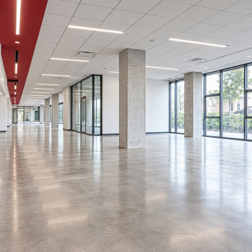 Modern empty office space with polished concrete floor, glass partitions, concrete columns, and fluorescent lighting