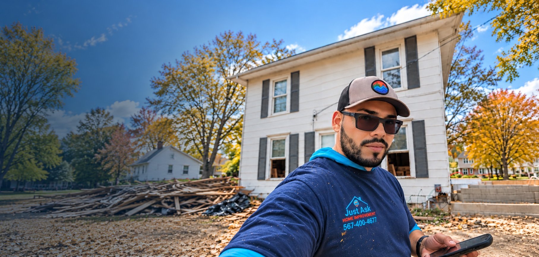 Man in blue jacket and cap taking selfie with white two-story house and autumn trees in background