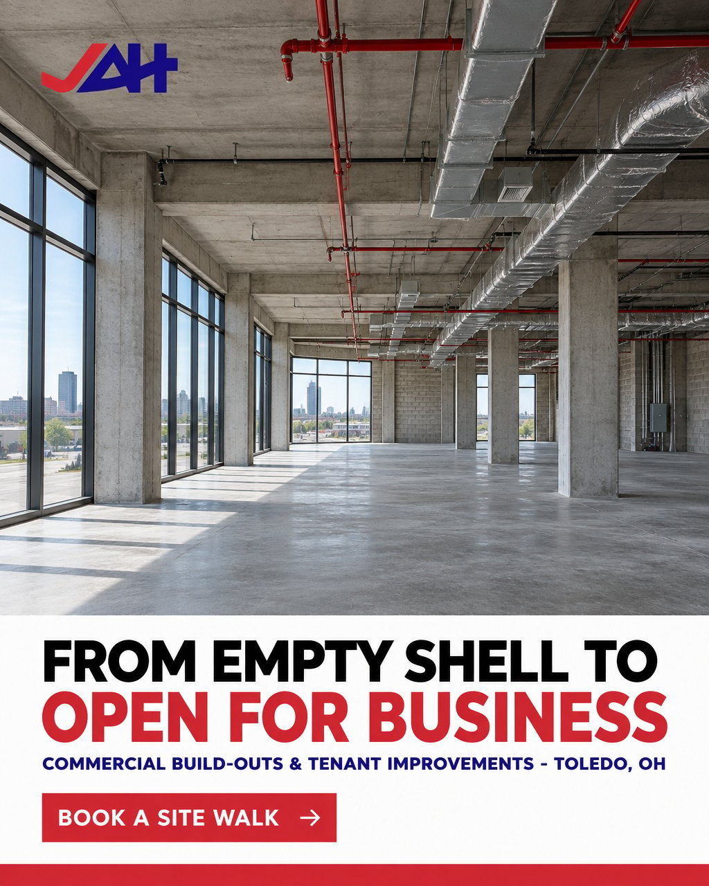 Empty commercial space with polished concrete floor, large windows, exposed ceiling with red piping, and structural columns