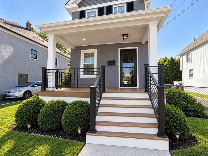 Covered front porch with wide concrete steps and black metal porch railing on a brick and siding house