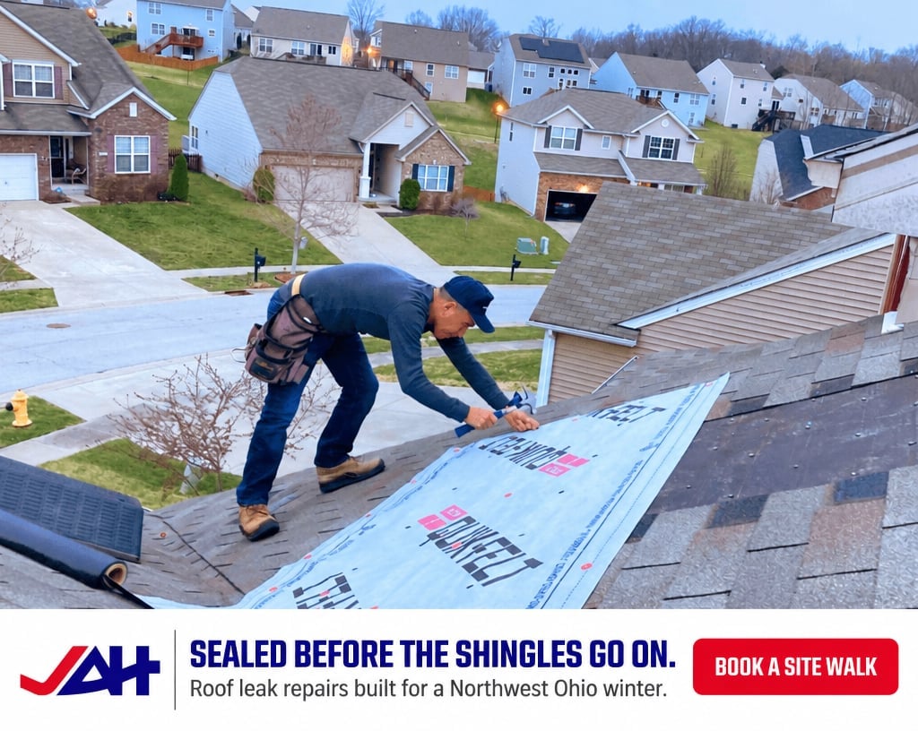 Roofer installing protective material on roof before shingles, with residential neighborhood visible below