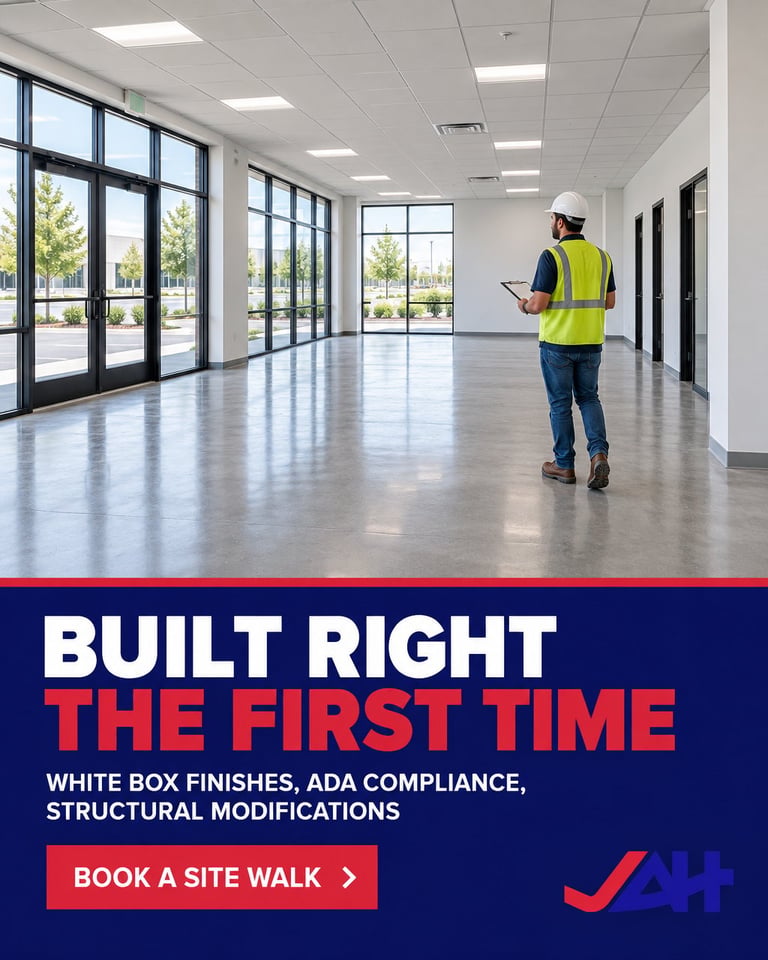 Construction worker in safety vest examining documents in empty commercial building interior with text Built Right The First Time