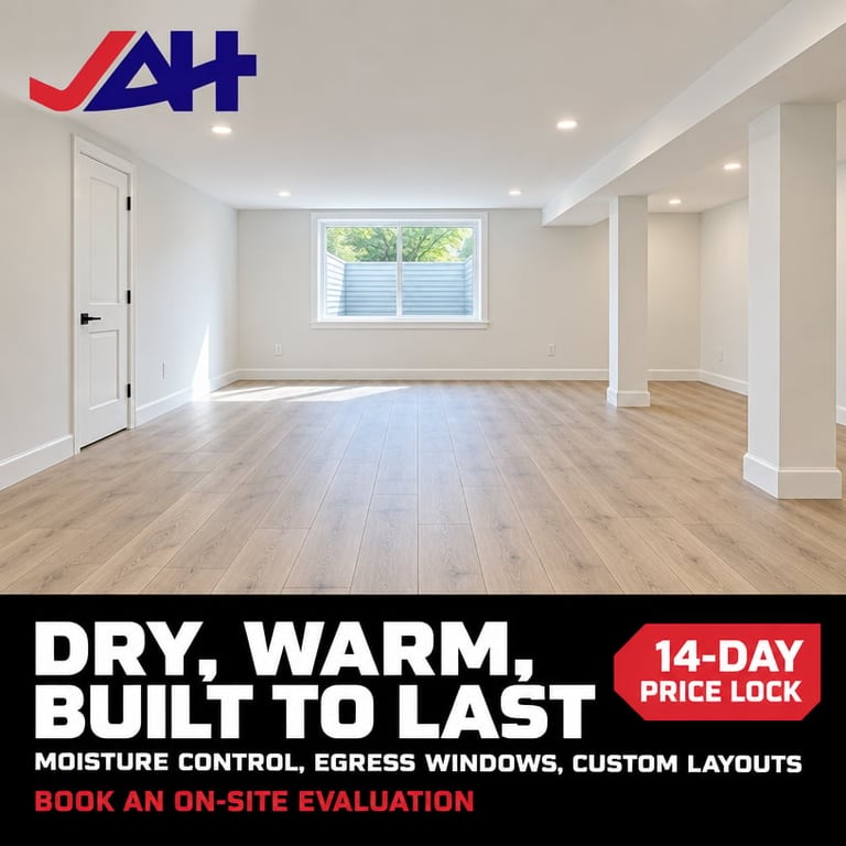 Empty basement with hardwood flooring, white walls, exposed columns, and egress window. JAH logo visible with promotional text about moisture control and 14-day price lock.