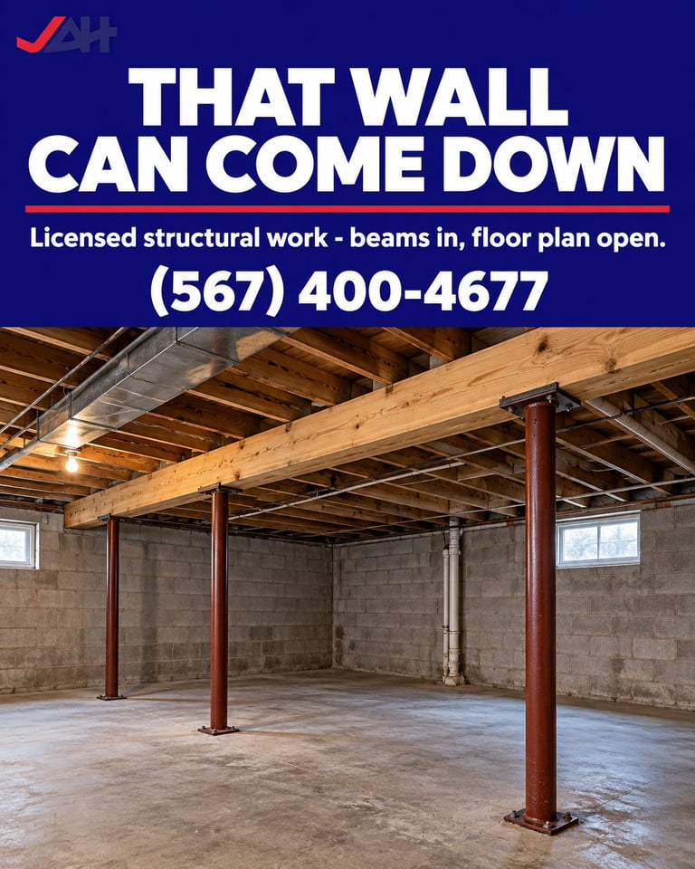 Advertisement for structural demolition services featuring empty warehouse interior with concrete walls, wooden beams, and metal support columns