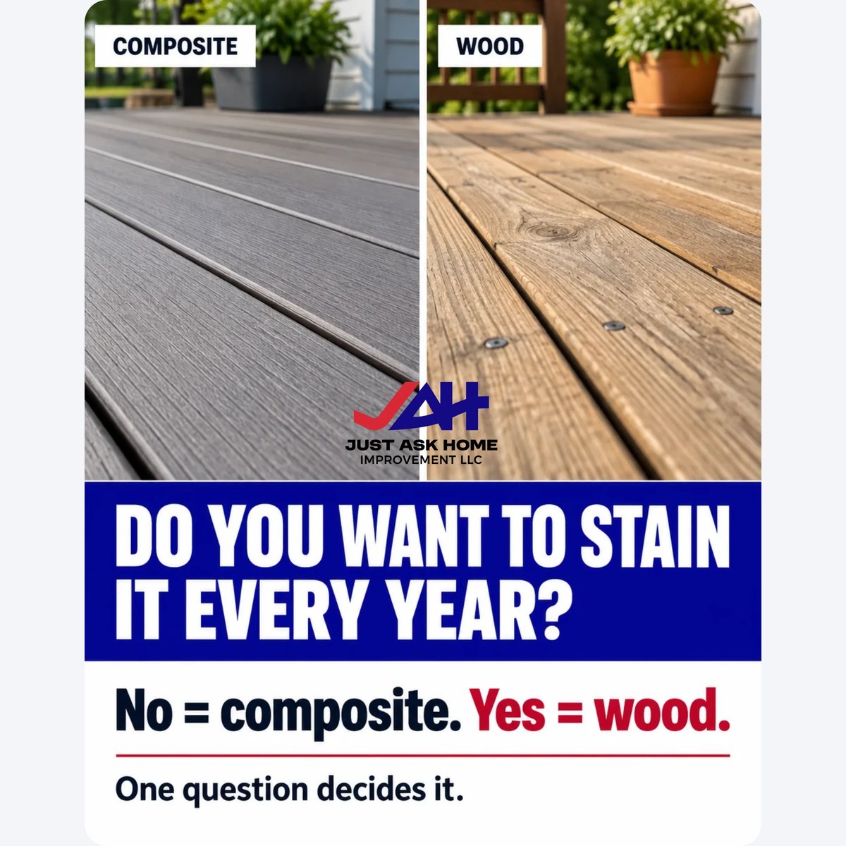 Comparison of composite vs wood decking showing the choice between no staining required for composite and yearly staining needed for wood