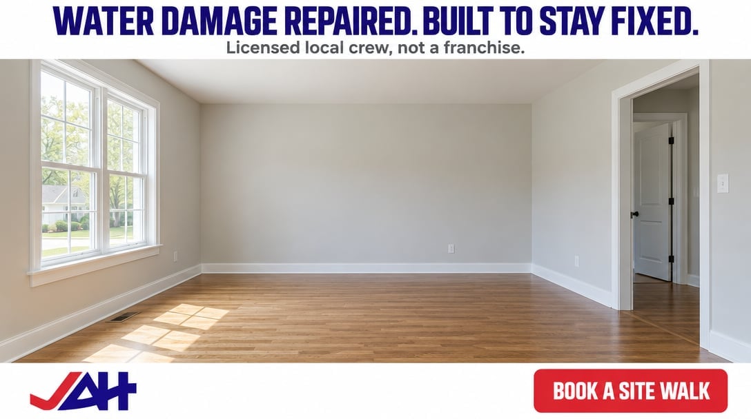 Empty room with hardwood floors and windows after water damage repair, featuring AAH logo and book a site walk button