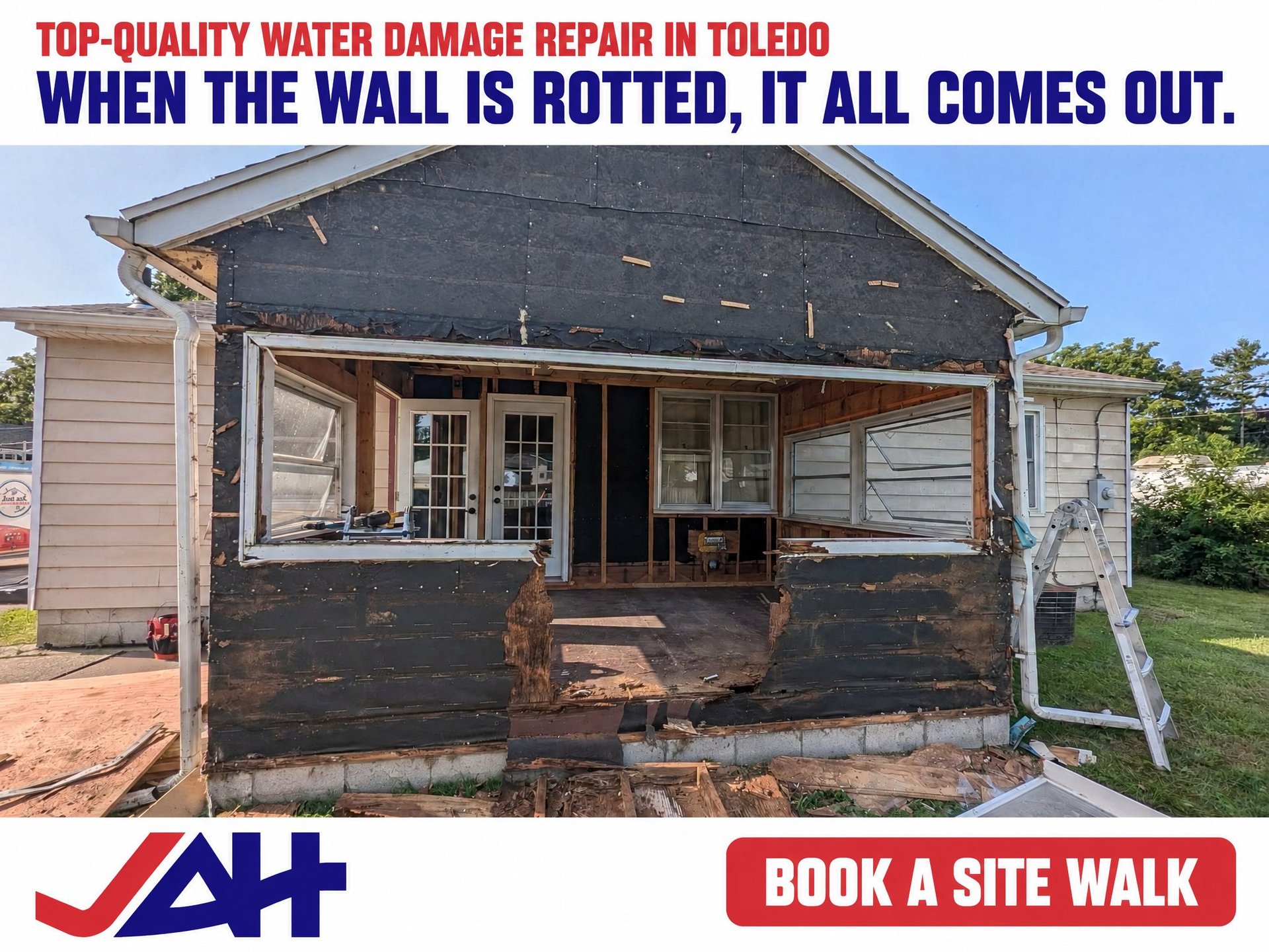 Water-damaged house with rotted wooden front wall showing severe deterioration, advertising water damage repair services in Toledo