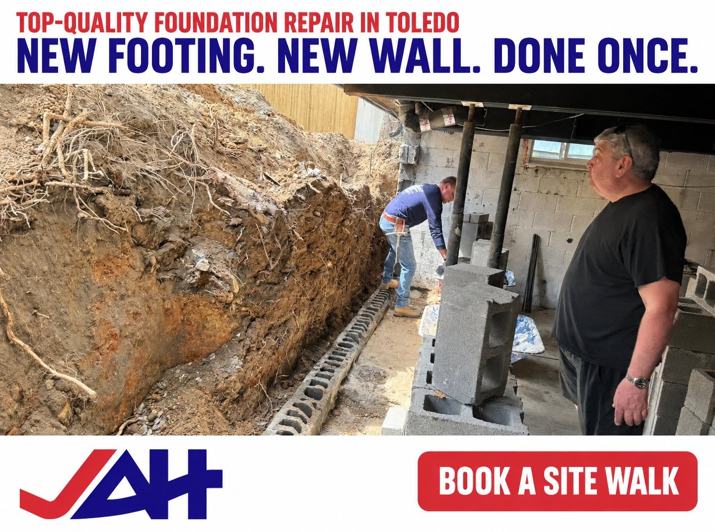 Foundation repair work in Toledo showing excavated dirt, new concrete footing, and workers on construction site