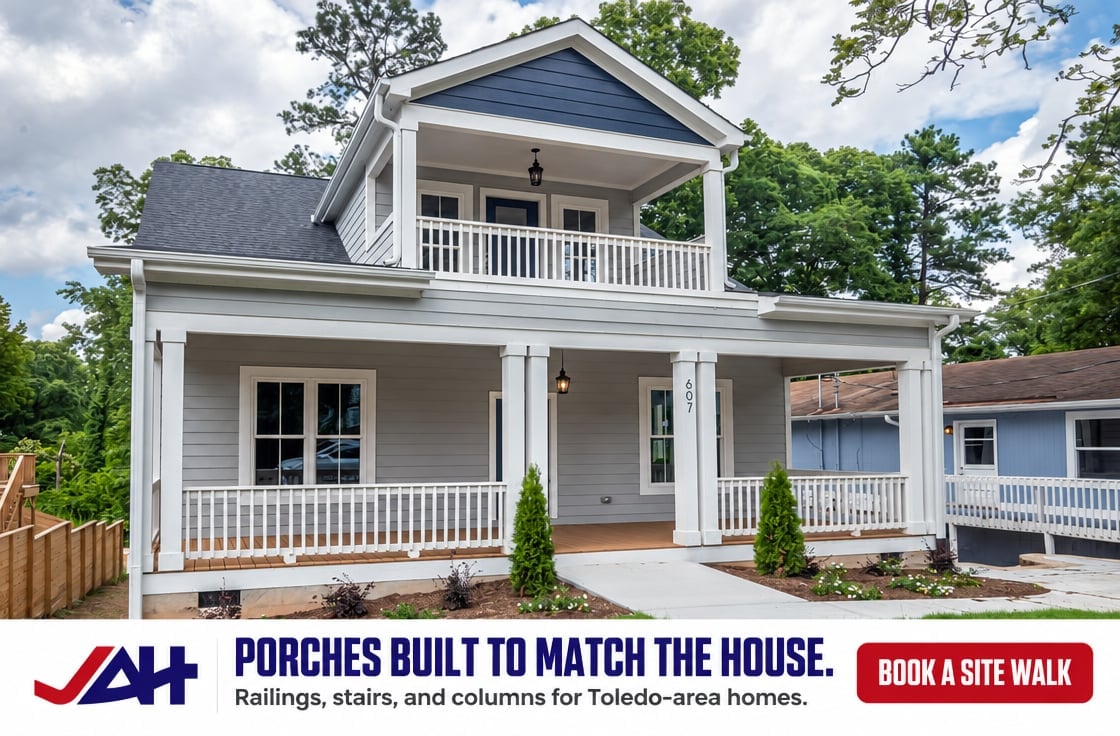 White two-story farmhouse with wraparound porches, black roof, and surrounding trees with advertisement for porch building services