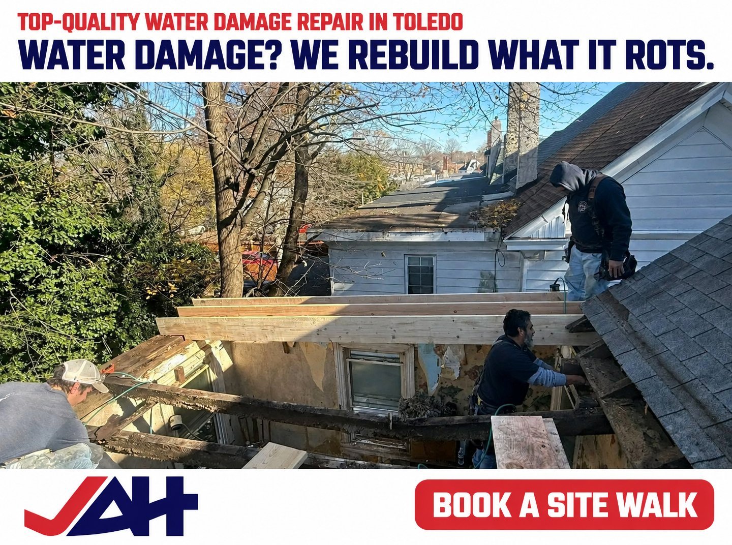Water damage repair workers removing rotted wooden deck section from house exterior in Toledo