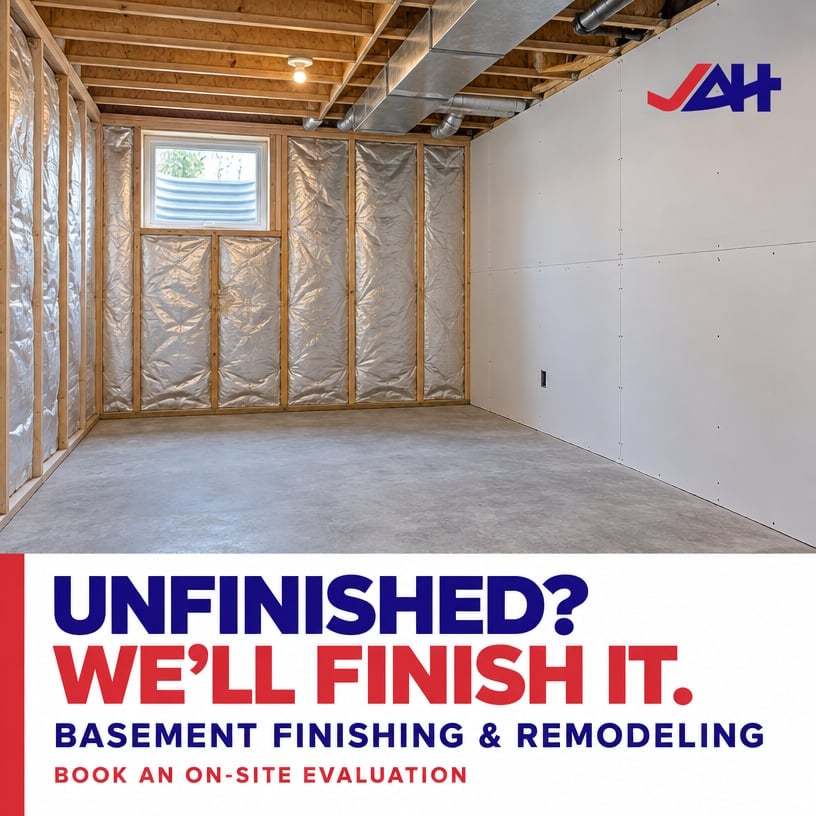 Unfinished basement with exposed insulation and framing, advertising basement finishing and remodeling services.