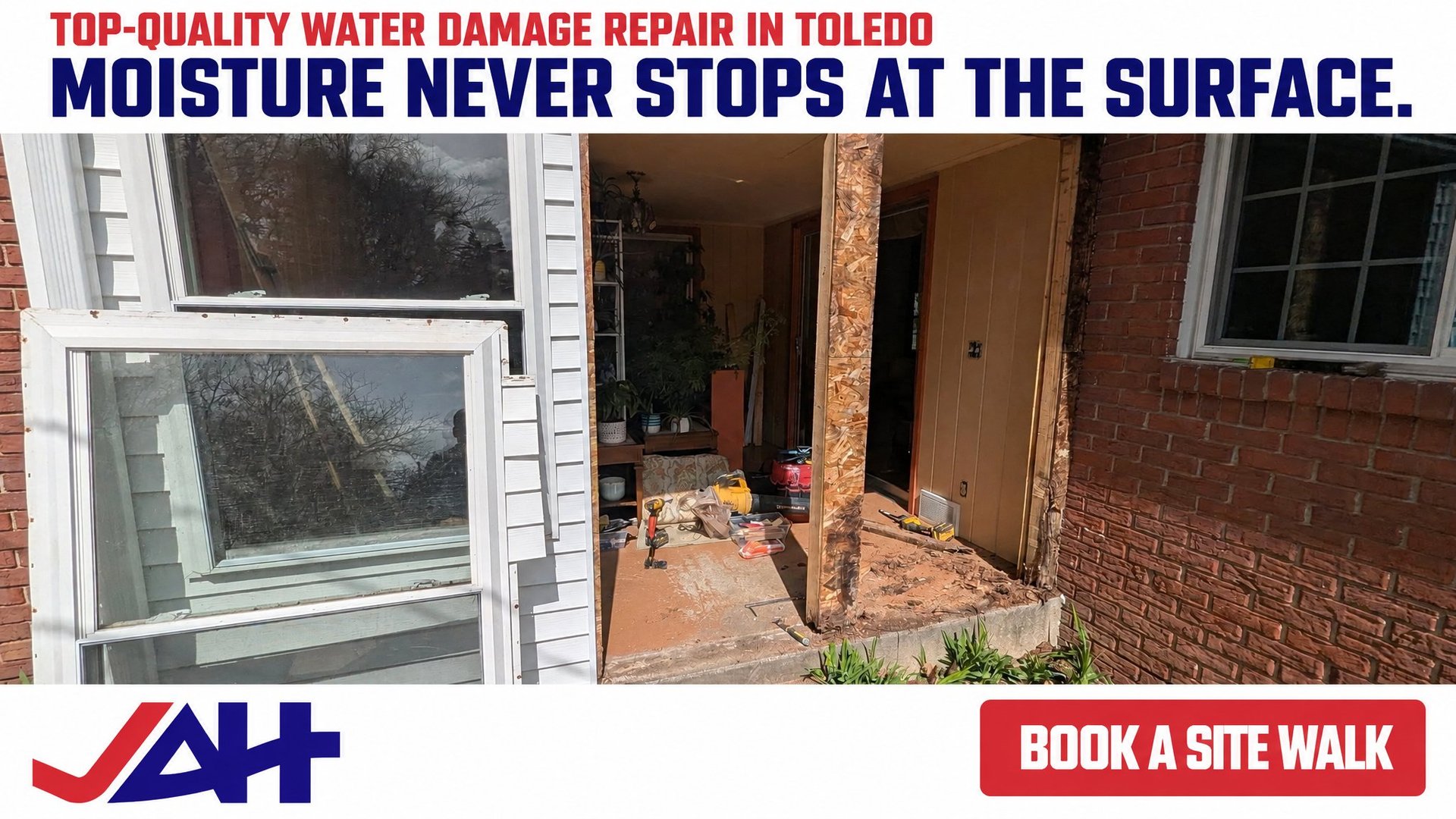 Water damage repair advertisement showing interior water damage behind window and exposed wooden studs in brick wall exterior.