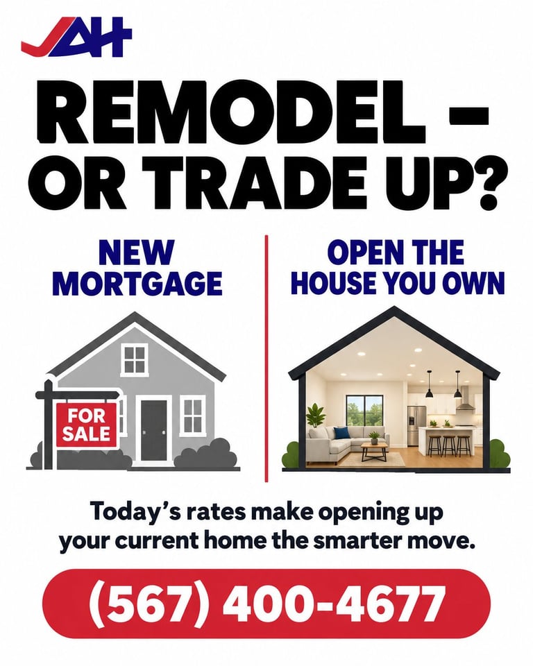 Real estate marketing flyer comparing remodeling vs trading up homes, with contact number (567) 400-4677