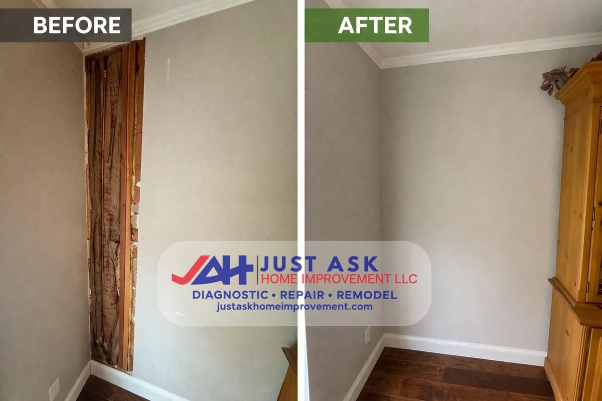 Before and after comparison of a damaged drywall wall and door frame repaired, finished and painted