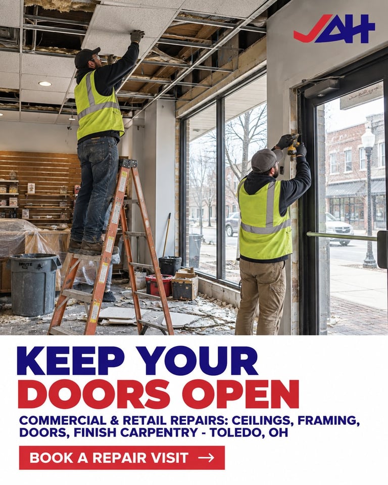Two workers in yellow safety vests performing commercial repairs inside a retail space with exposed ceiling and windows in Toledo, OH