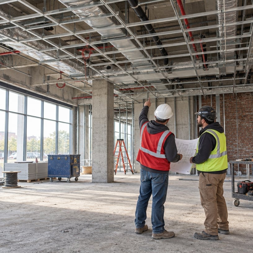 Two construction workers in safety vests reviewing blueprints on an unfinished commercial building floor with exposed concrete and metal framing