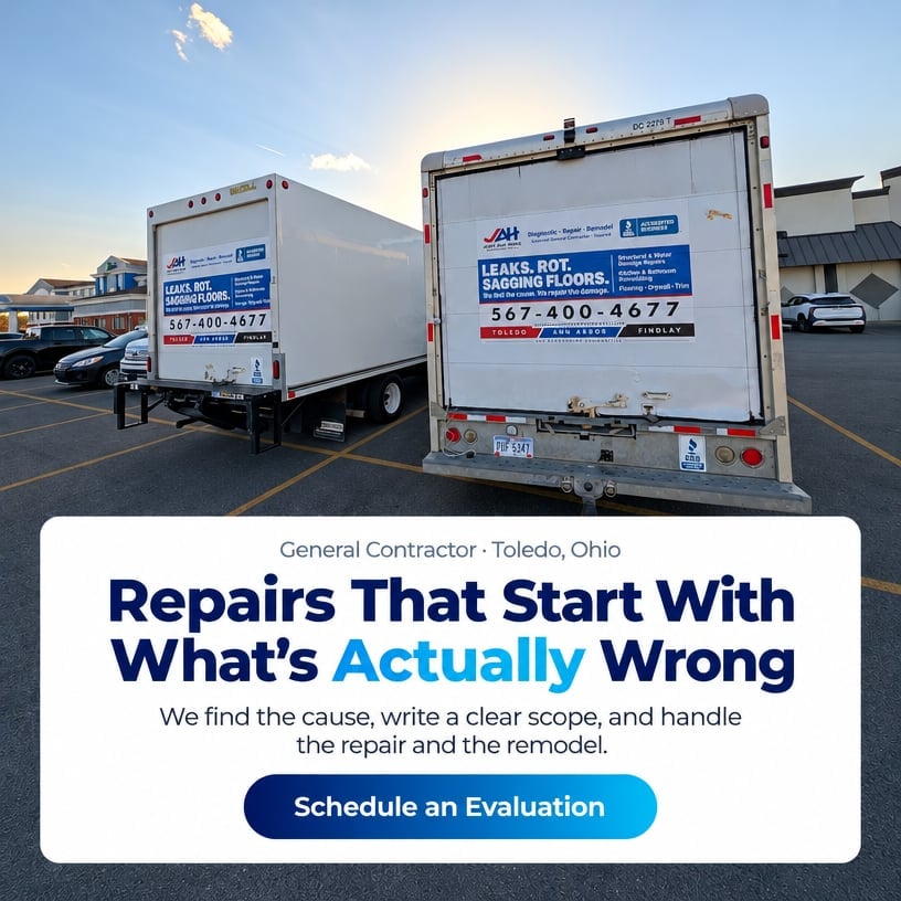 Two white contractor service trucks parked in a lot with promotional text about repairs and a Schedule an Evaluation button