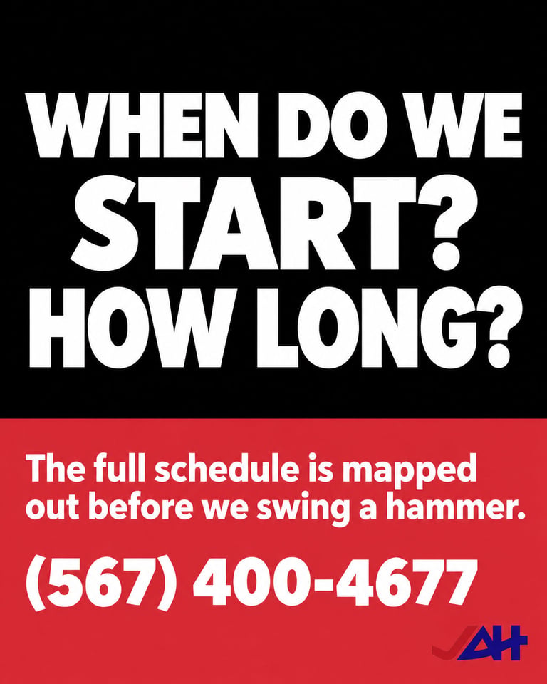 Red and black promotional image asking When do we start How long with contact number 567-400-4677 and AH logo