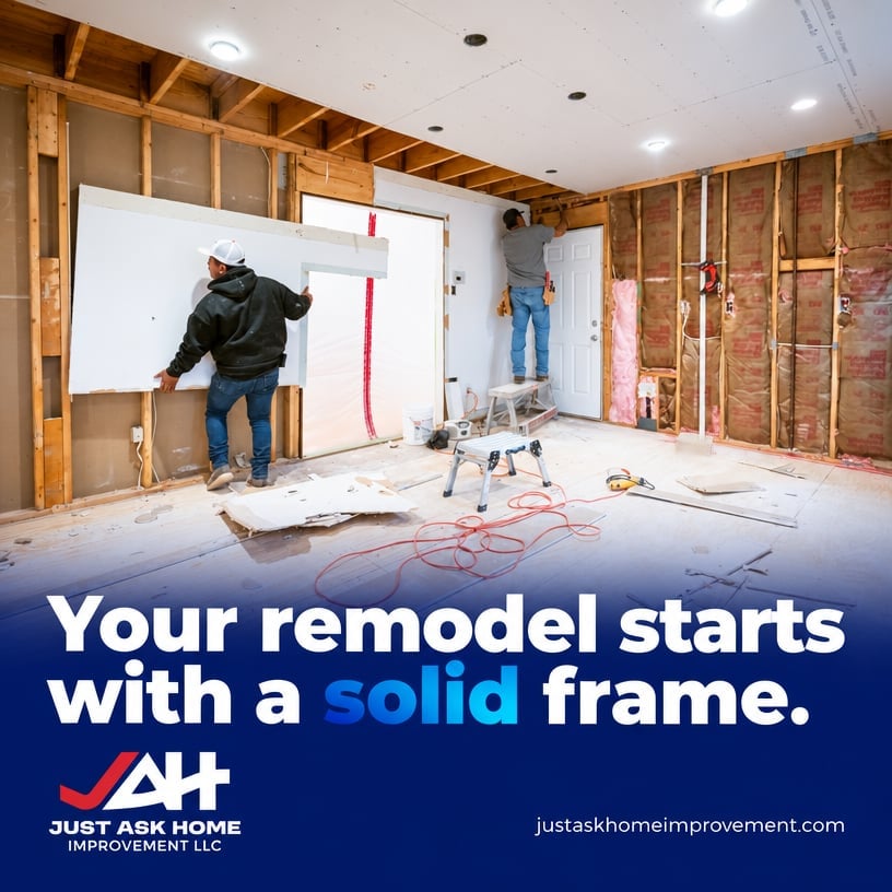 Just Ask Home Improvement crew installing drywall during a whole-home remodel in Toledo, Ohio