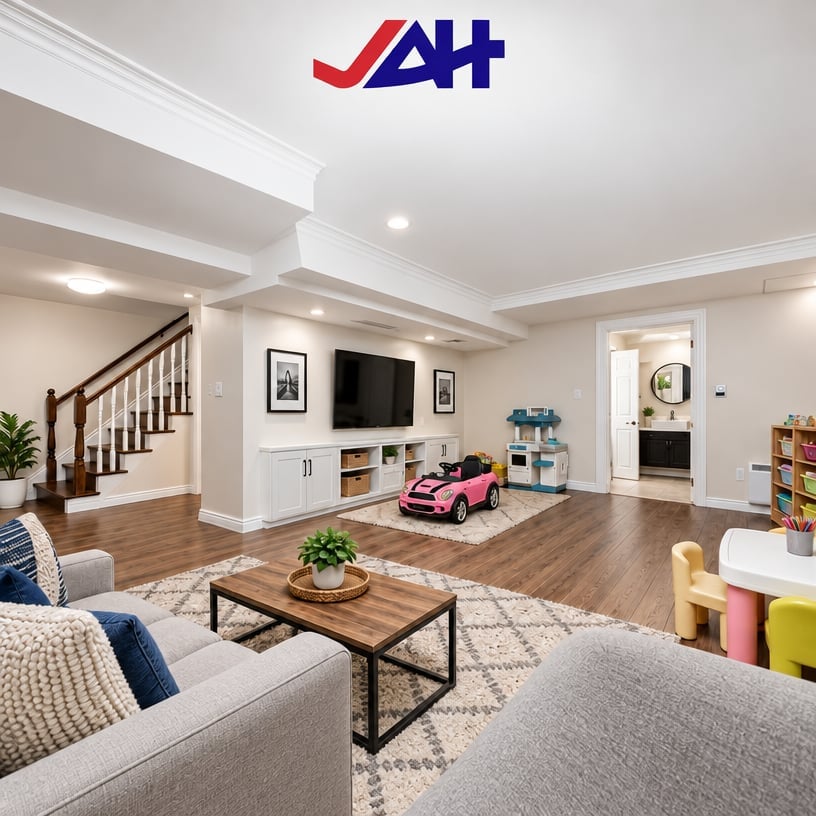 Modern basement family room with two gray sectional sofas, wooden coffee table, TV wall with storage, wooden staircase, hardwood flooring, and childrens play area with toy car
