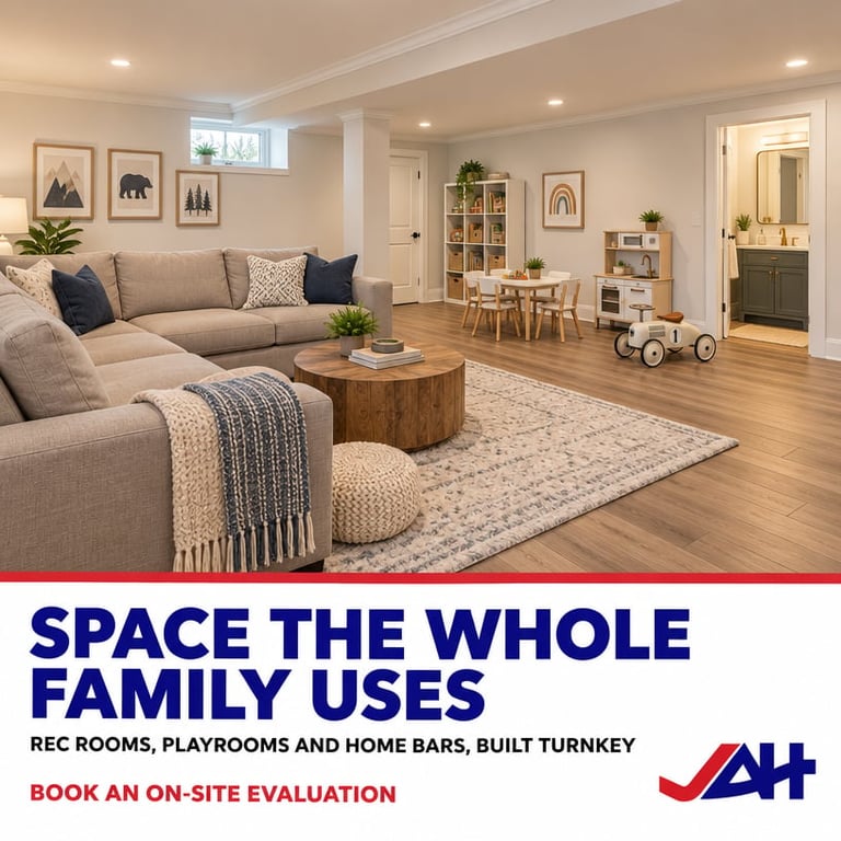 Modern basement family room with beige sectional sofa, wooden coffee table, built-in shelving, and wood flooring. Marketing image for home renovation services.