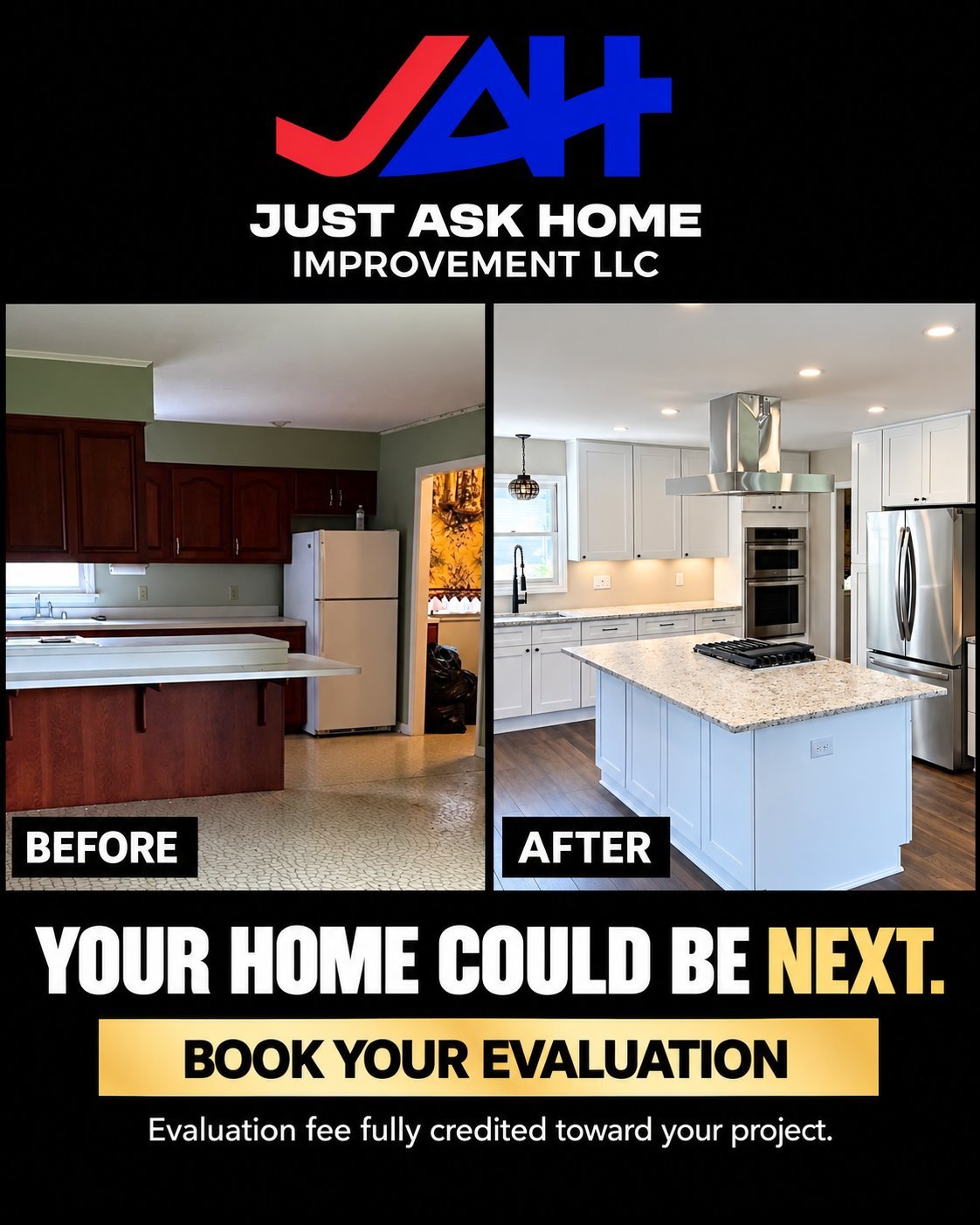 Kitchen before and after remodeling by Just Ask Home Improvement LLC, showing dark cabinetry replaced with white cabinetry, an updated island, countertops, lighting, and flooring.